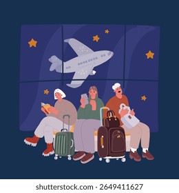 Cartoon vector illustration of Airport Terminal. People in waiting room over dark background