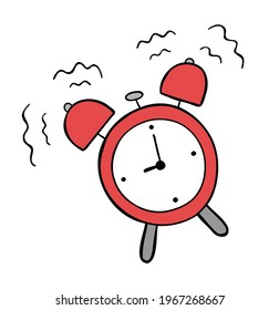 Cartoon vector illustration of alarm clock ringing. Colored and black outlines.