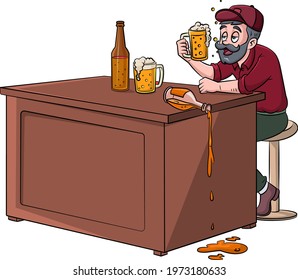 Cartoon vector illustration of an alcoholic man with drinks