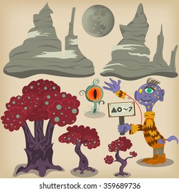 Cartoon vector illustration of alien surface elements for games or children books, along with a greeting alien.