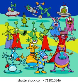 Cartoon Vector Illustration of Aliens Science Fiction Characters Group