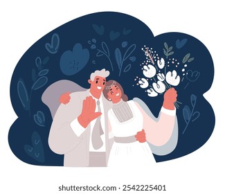 Ilustración vectorial de dibujos animados de pareja de boda sonriente increíble. Novia bonita y novio con estilo sobre fondo oscuro