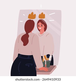 Ilustração vetorial de desenhos animados de mulher ambiciosa olha no espelho e vê o próprio reflexo com a coroa simbolizando o sucesso. Menina com sonhos de conquistas na carreira e futuro de sucesso