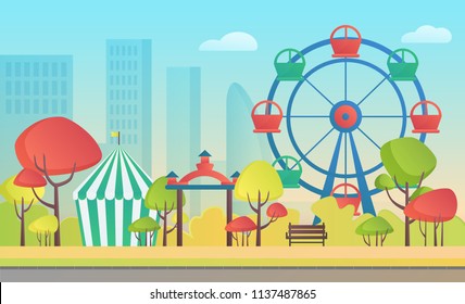 Cartoon vector illustration of an amusement entertainment autumn public city park with colorful seasonal trees.