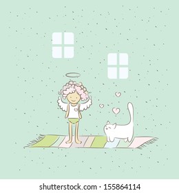 Cartoon vector illustration with angel and cat in home