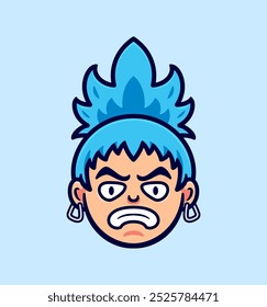 Cartoon Vector Illustration of an Angry Character with Blue Hair and Earrings, Expressing Emotion through Bold Facial Features