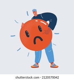 Cartoon vector illustration of angry man with big sad smile in his hands.