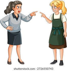 Cartoon vector illustration of angry manager scolding nervous waitress, isolated on white background