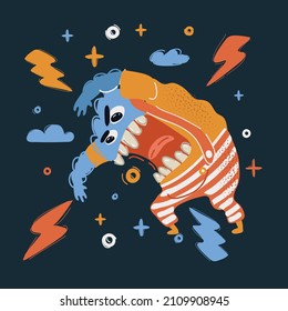 Cartoon vector illustration of Angry cartoon monster over dark background.