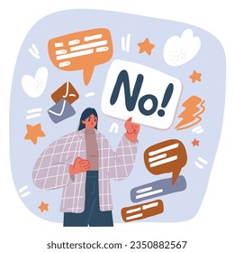 Cartoon vector illustration of Angry protesters woman holding no sign placard, shaking fist on demonstration or rally. Activists persons protesting against rights violation