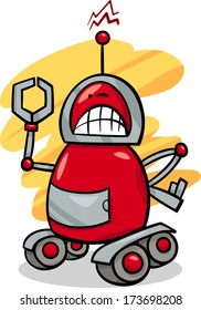 Cartoon Vector Illustration of Angry Robot on Wheels