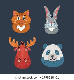 Cartoon vector illustration of animal faces. Cat, moose, panda, hare, rabbit on dark backround.