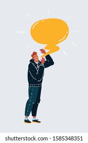 Cartoon vector illustration of Announcement making by man. Speech bubble above him. Human character on white.