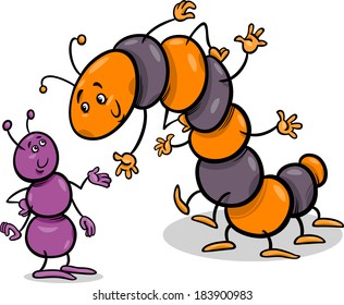 Cartoon Vector Illustration of Ant and Caterpillar or Millipede Insects Characters