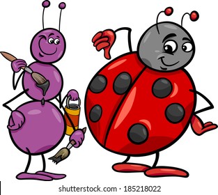 Cartoon Vector Illustration of Ant and Ladybug Insects Characters