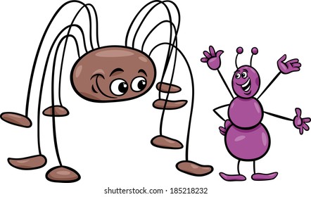 Cartoon Vector Illustration of Ant and Long Legs Opilion Arachnid or Harvestman Insects Characters