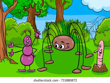 Cartoon Vector Illustration of Ant and Long Legs Opilion Arachnid Insect Animal Characters