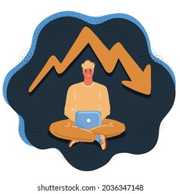 Dibujo vectorial de dibujos animados de un hombre ansioso que trabaja con un portátil en el fondo oscuro. Gráfico ascendente