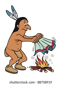 cartoon vector illustration of an Apache Indian making smoke signals