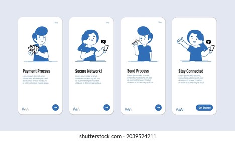 Vector de dibujos animados Ilustración de pantallas de aplicaciones y pago de concepto web las redes sociales permanecen conectadas proceso de envío en línea estilo. Plantilla de pantalla integrada de la página de la aplicación. Personas y medios sociales.