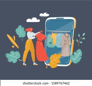 Cartoon vector illustration of app shop. Online shopping of fashion dress in the online mobile store. Woman buy item by the phone.