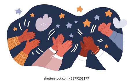 Cartoon vector illustration of Applause and like group of people. Hands multicultural clap. Congratulations, cheering, thanksgiving, thanks, good, best, winner over dark backround