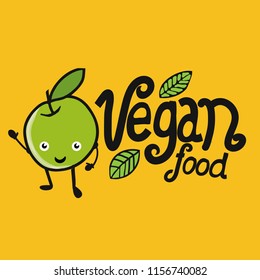cartoon vector illustration apple logo vegan food lettering