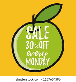 cartoon vector illustration apple with text "sale 30 percent off every Monday"