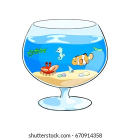 Cartoon vector illustration with aquarium and tropical fishes. Cute sea animals in fish tank. Glass fish tank with marine animals on white background. Clownfish and seahorse in water. Pet hobby image