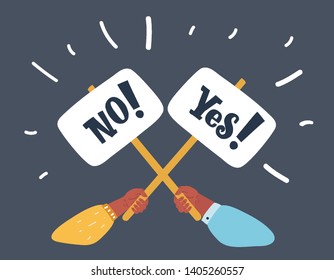 Cartoon vector illustration of arm fighting for leadership. dispute, opposition, choice, dilemma, opponent, choice. Object on dark background.