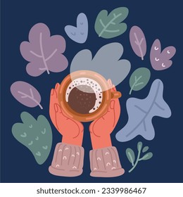 Cartoon vector illustration of arms holding coffee cup top view over dark backround.
