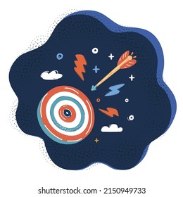 Ilustración vectorial de dibujos animados de la mosca de la flecha hacia el objetivo sobre el fondo oscuro.