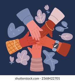 Cartoon vector illustration of Association of different people. stack of hands. Teamwork.concept of international friendship over dark backround