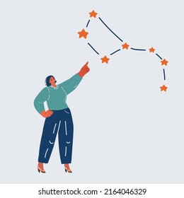 Cartoon vector illustration of Astrological horoscope and constellations on sky and woman point with her hand to stars.
