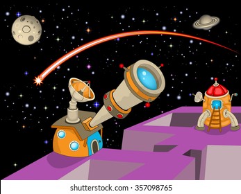 Cartoon vector illustration of an astronomy observatory with a rocket ready to fly.