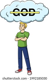 Cartoon vector illustration of an atheist thinking about God