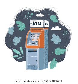 Cartoon vector illustration of atm machine on dark backround.