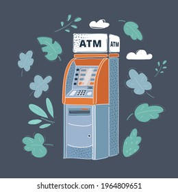 Cartoon vector illustration of ATM on dark bacground.