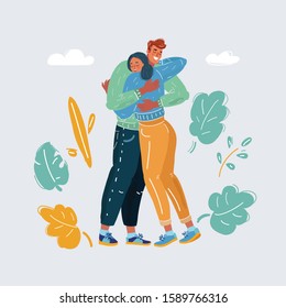 Cartoon vector illustration of Attractive Young Couple In Love Hugging Each Other.