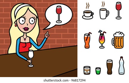 Cartoon vector illustration of attractive young woman ordering red wine in bar with speech bubble, drink can be changed