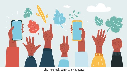 Cartoon vector illustration of the Audience. Concert with Their Hands Raised. Hands up with smartphone.