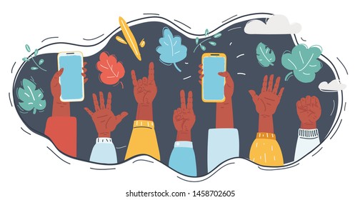Cartoon vector illustration of Audience with hands in the air at a music festival on dark background.