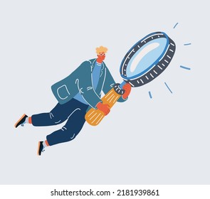 Cartoon Vector Illustration Of Audit Concept. Man With Big Magnifying Glass In Hand. Flyingsymbol Of Professional Auditor