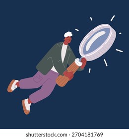 Cartoon vector illustration of Audit concept. Man with big magnifying glass in hand. Flying symbol of professional auditor over dark background