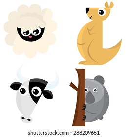 A cartoon vector illustration of australian animals like sheep, kangaroo, cow and koala.