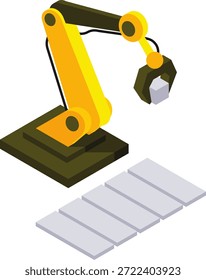 Ilustração vetorial de desenhos animados de um montador automático de braço robótico. Mão robô industrial para automação de fábrica, fabricação e conceitos de tecnologia futura. Caractere mecânico isolado