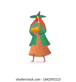 Cartoon vector illustration of Autumn fairy. Tender girl holds a pumpkin.
