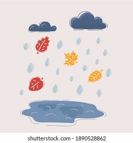 Cartoon vector illustration of autumn and fall rain. Puddle, leaves, water drop and clouds on white background.