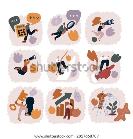Cartoon vector illustration of Avatar profile icon set including male and female. Digital Business Concept. People with calculator, magnifying glass, top mounting, index finger, point to, key, keyhole, arrow rising, watering spring, binocular