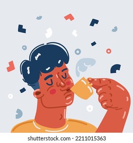 Dibujo vectorial de caricatura del hombre que bebe café, tiempo de descanso del té